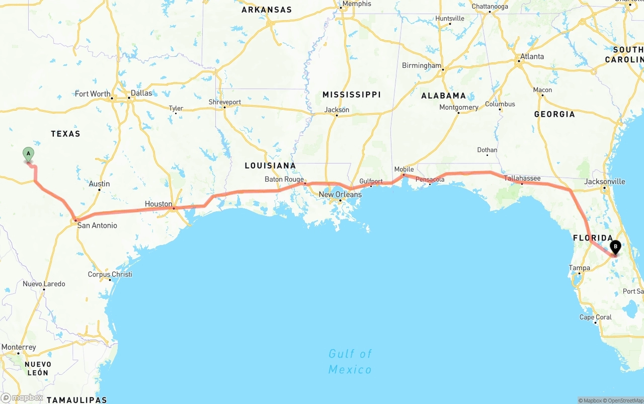 Shipping route from Texas to Orlando International Airport