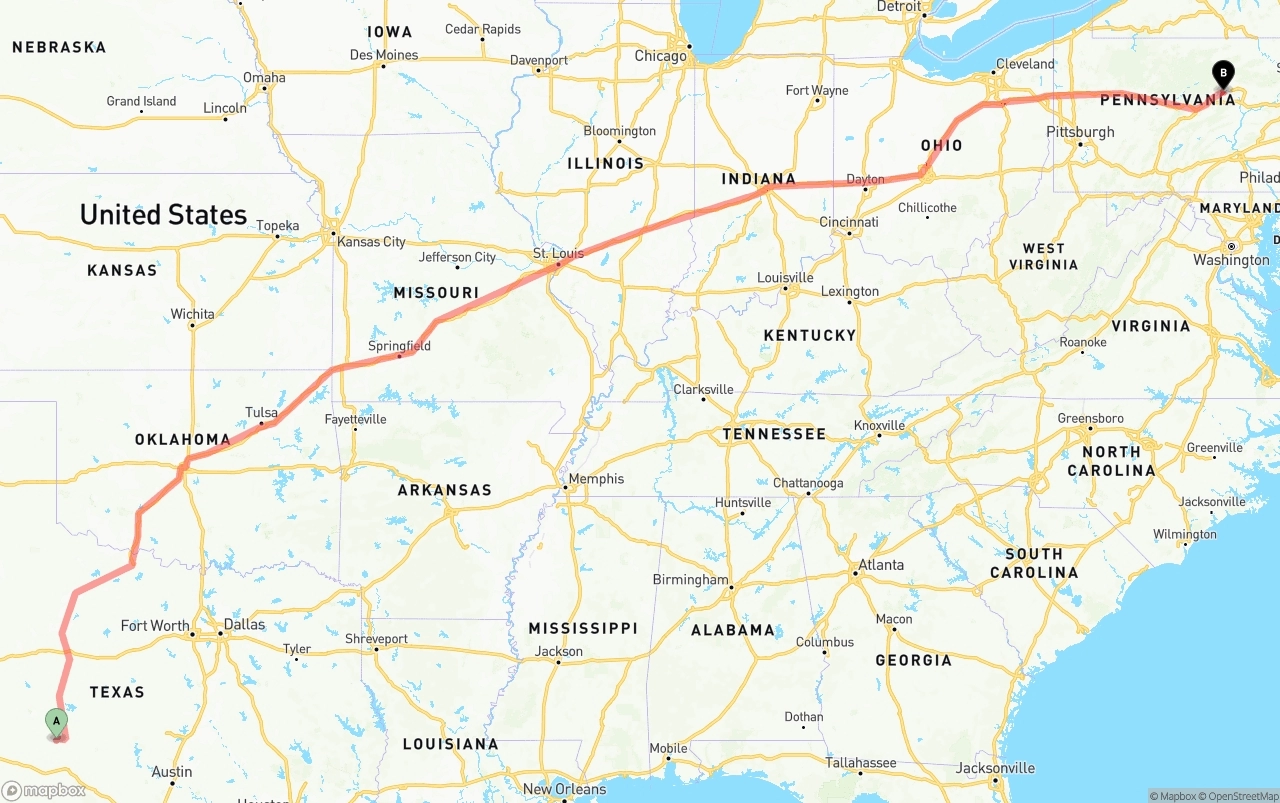 Shipping route from Texas to Pennsylvania