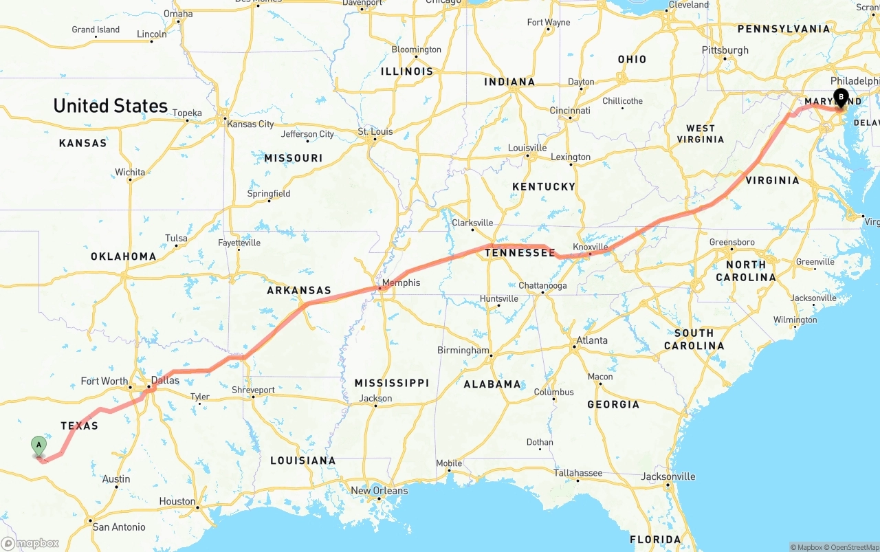 Shipping route from Texas to Port of Baltimore