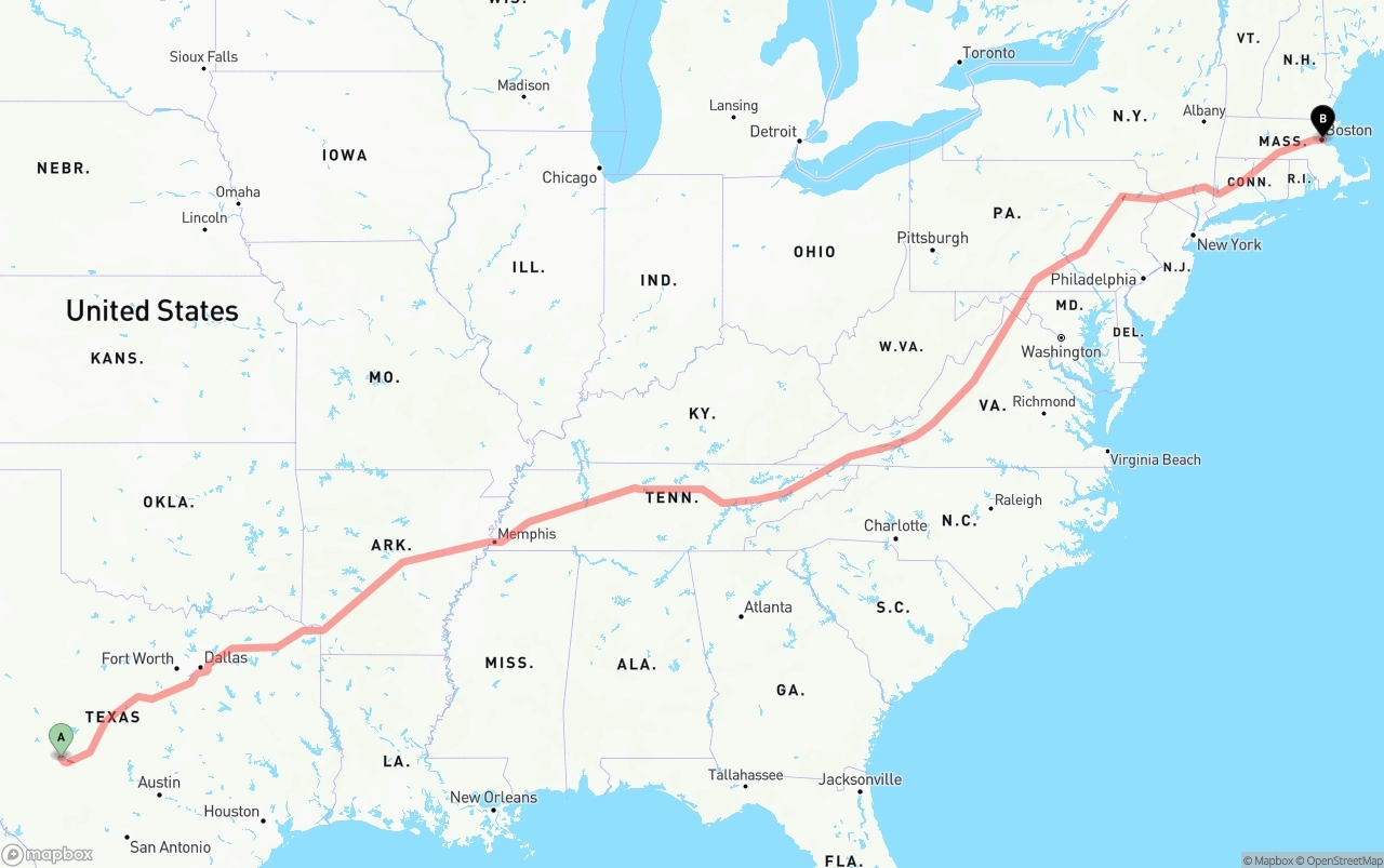 Shipping route from Texas to Port of Boston