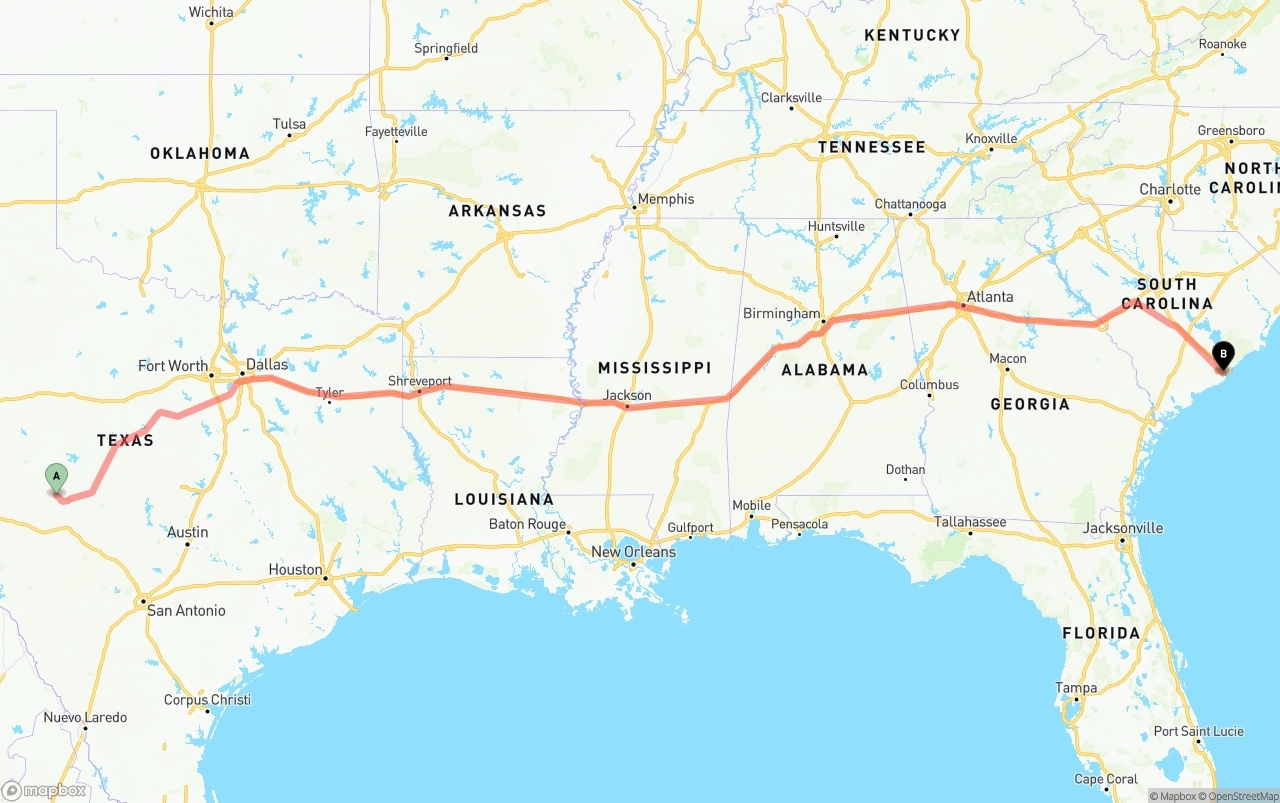 Shipping route from Texas to Port of Charleston