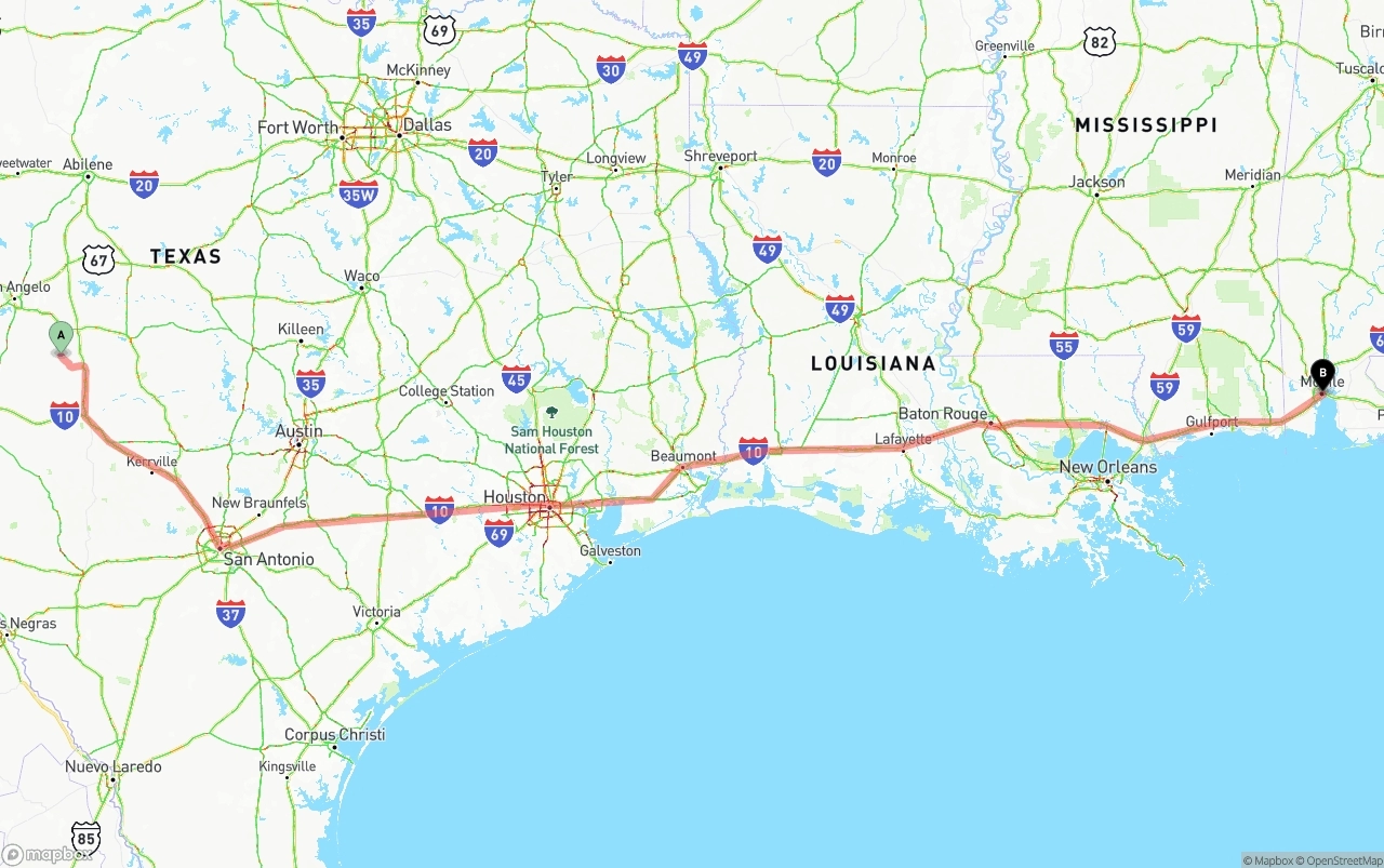 Shipping route from Texas to Port of Mobile