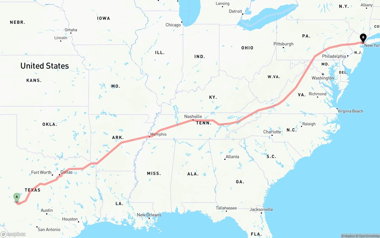 Shipping route from Texas to Port of New York