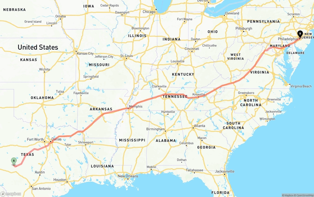 Shipping route from Texas to Port of Philadelphia