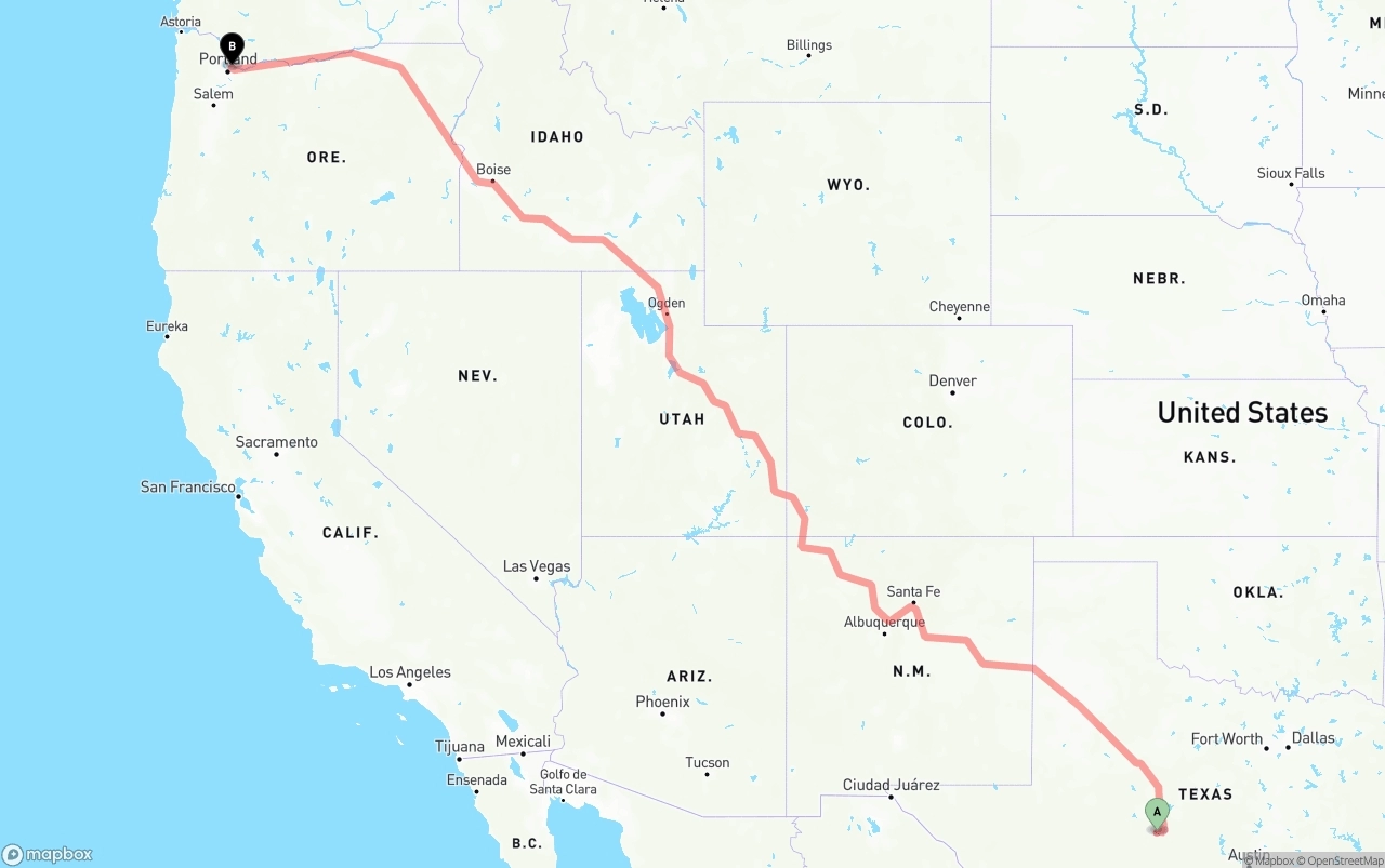 Shipping route from Texas to Port of Portland