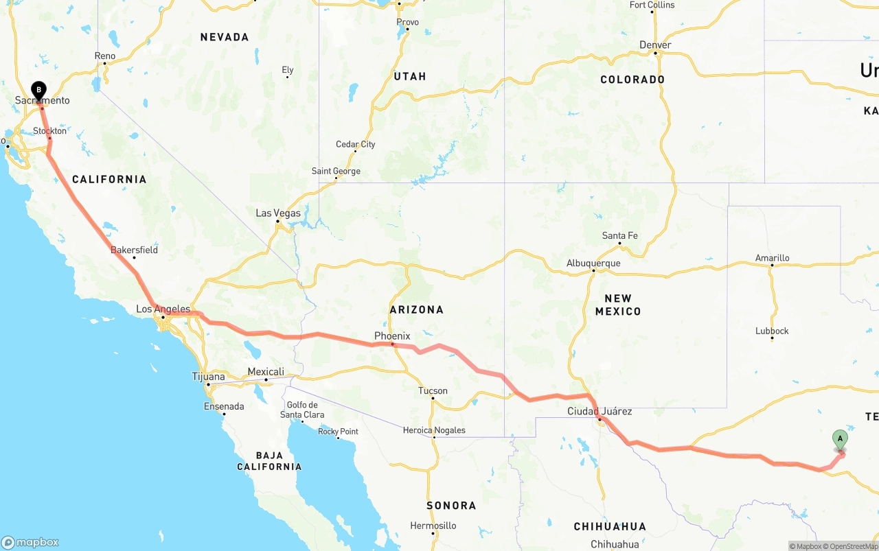 Shipping route from Texas to Sacramento International Airport