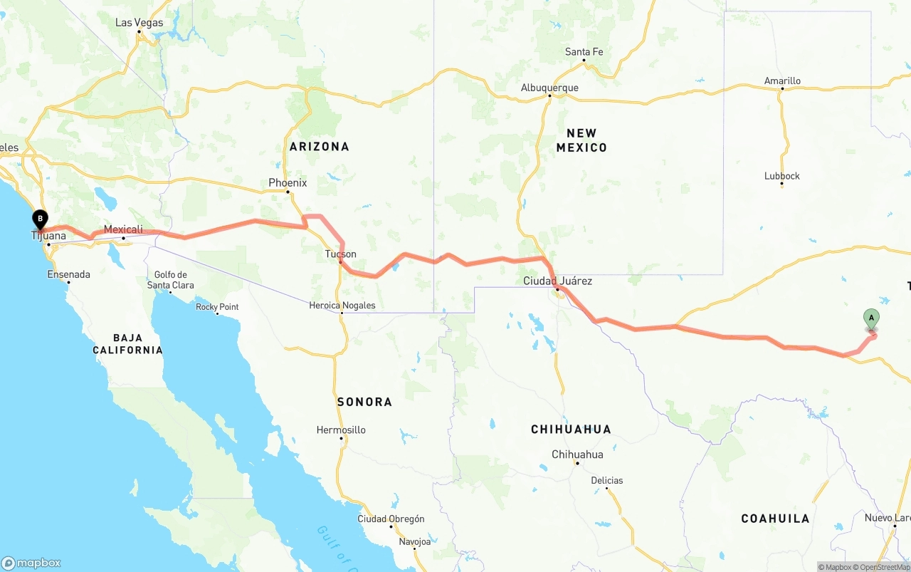 Shipping route from Texas to San Diego International Airport