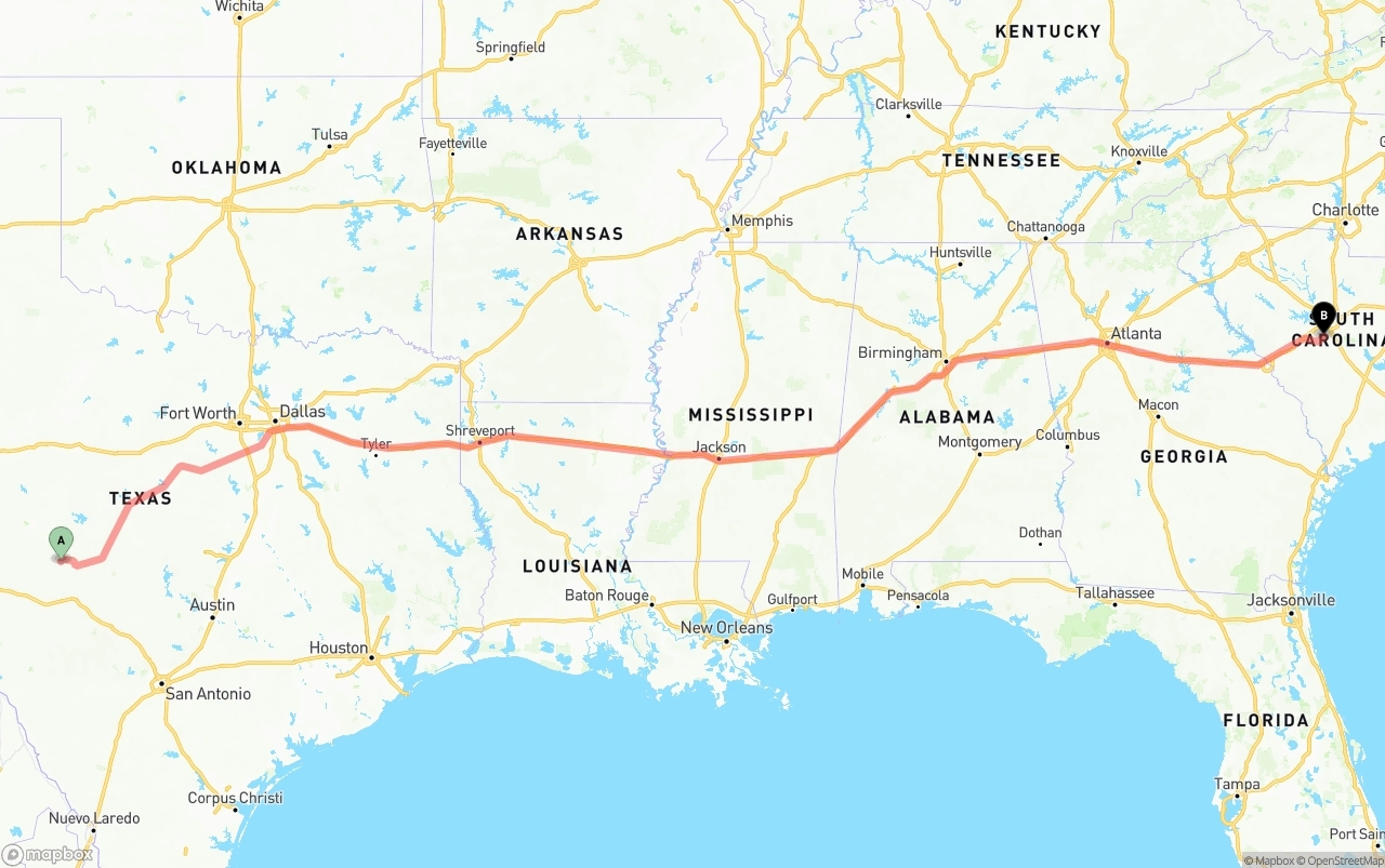 Shipping route from Texas to South Carolina