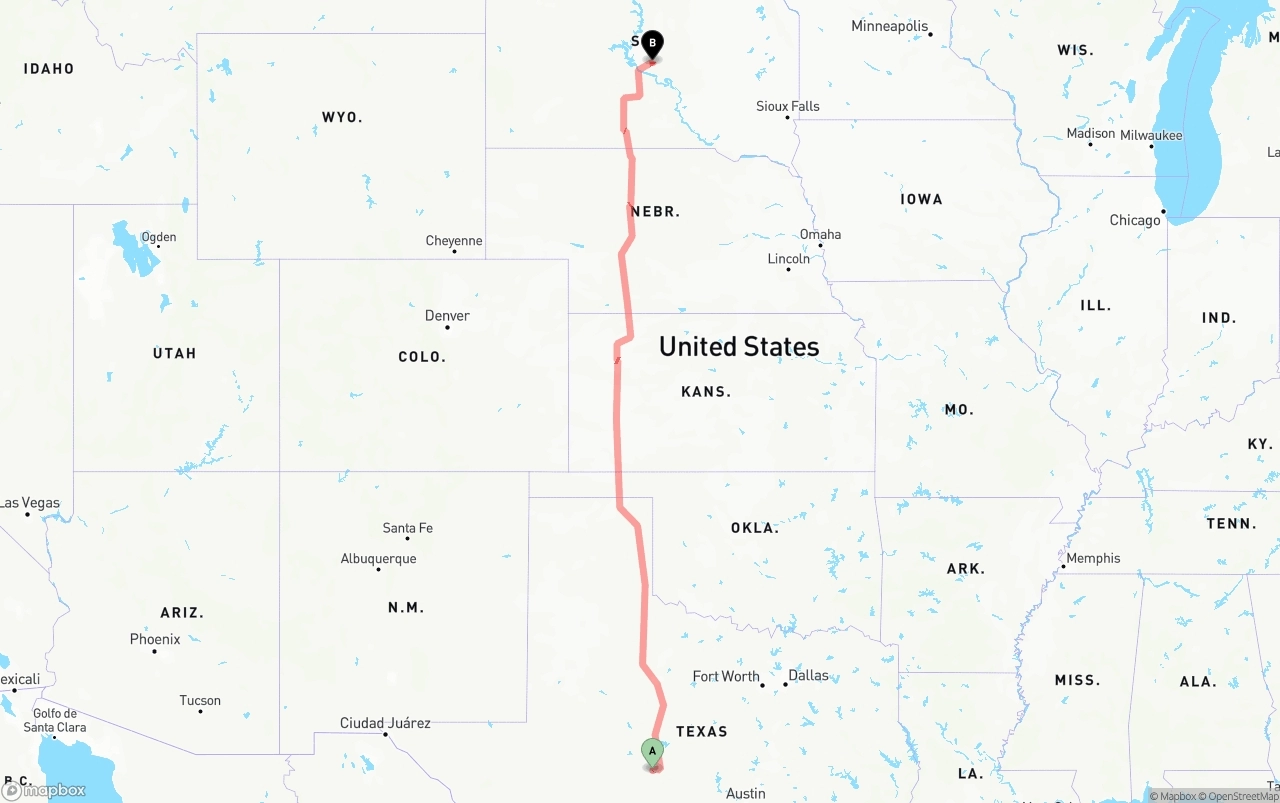 Shipping route from Texas to South Dakota