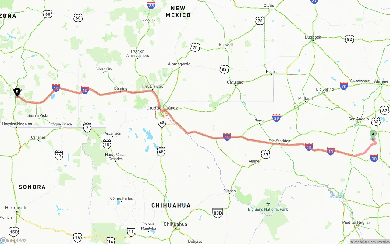 Shipping route from Texas to Tucson International Airport