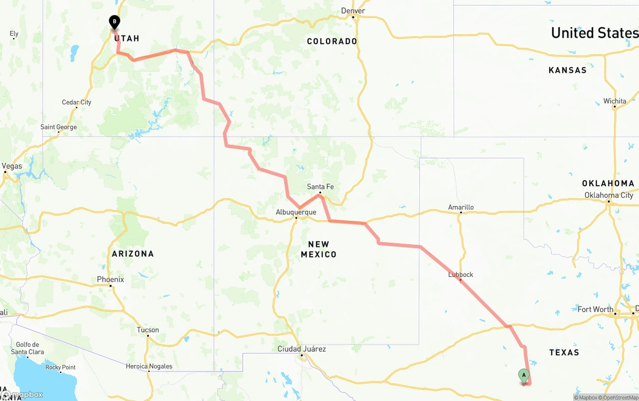 Shipping route from Texas to Utah