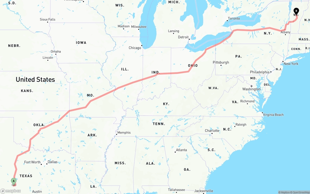 Shipping route from Texas to Vermont