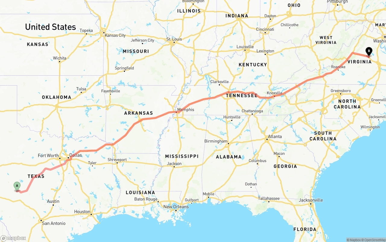 Shipping route from Texas to Virginia