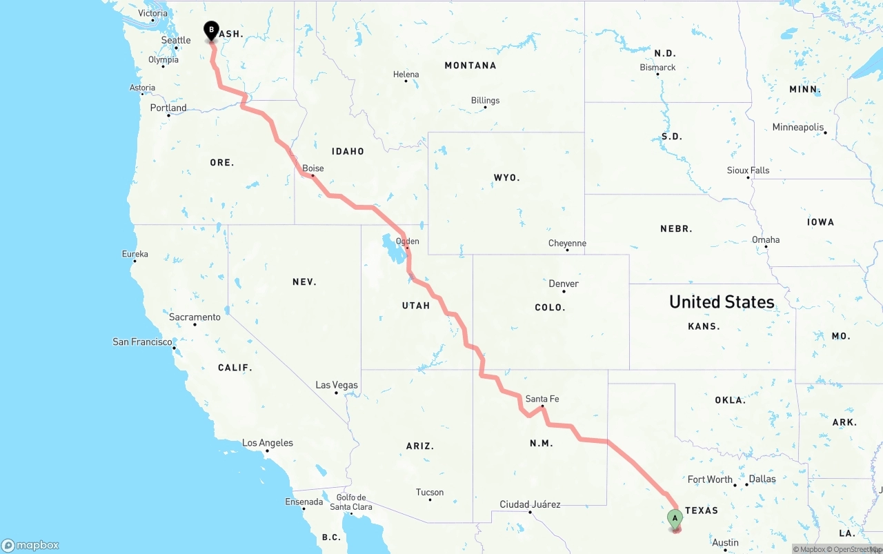 Shipping route from Texas to Washington
