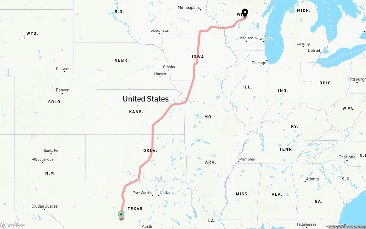 Shipping route from Texas to Wisconsin