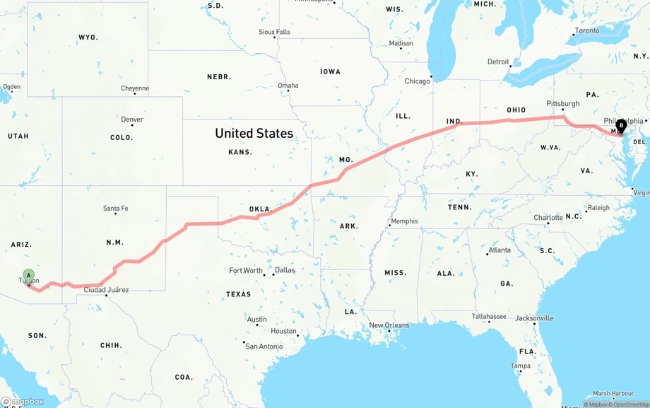 Tucson to Baltimore freight shipping route map