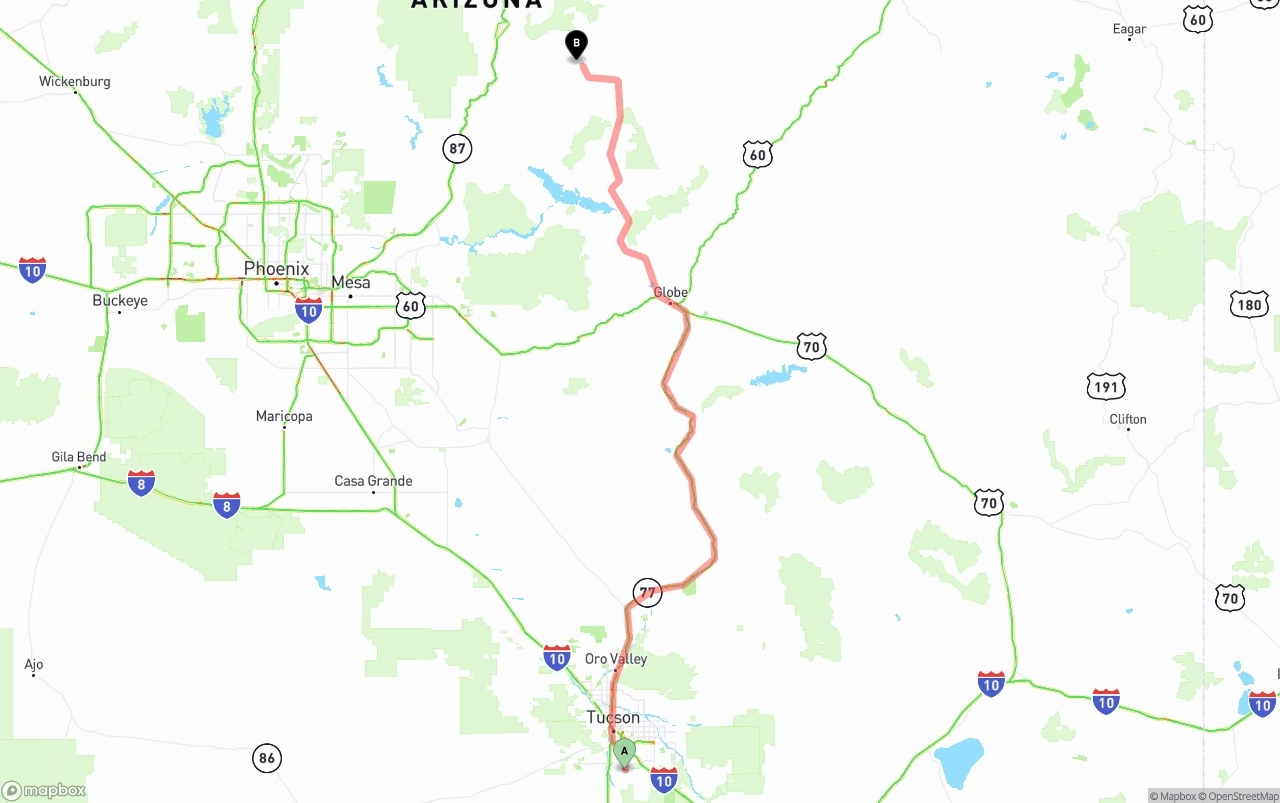 Shipping route from Tucson International Airport to Arizona