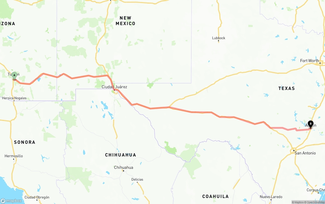 Shipping route from Tucson International Airport to Austin