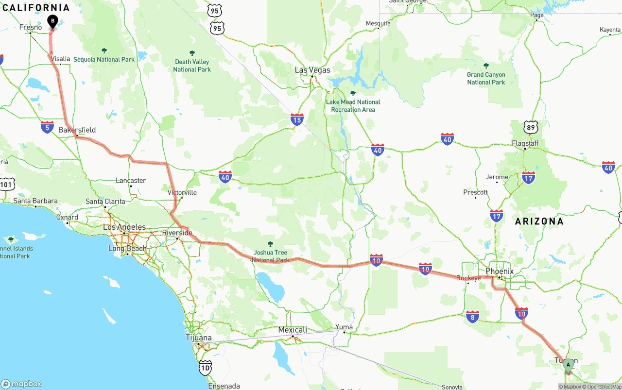 Shipping route from Tucson International Airport to California
