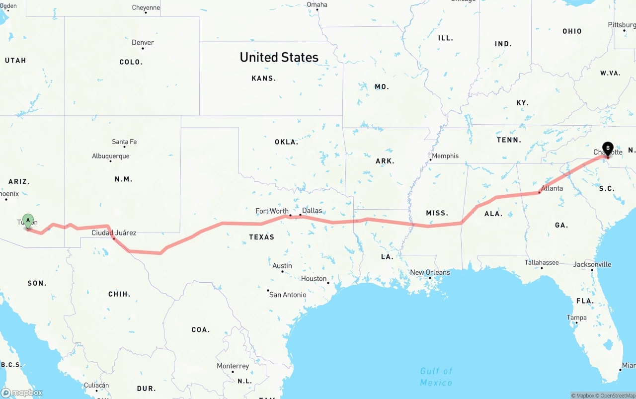 Shipping route from Tucson International Airport to Charlotte