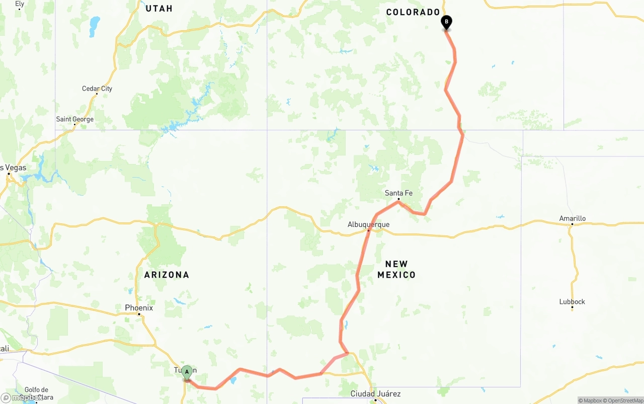Shipping route from Tucson International Airport to Colorado Springs