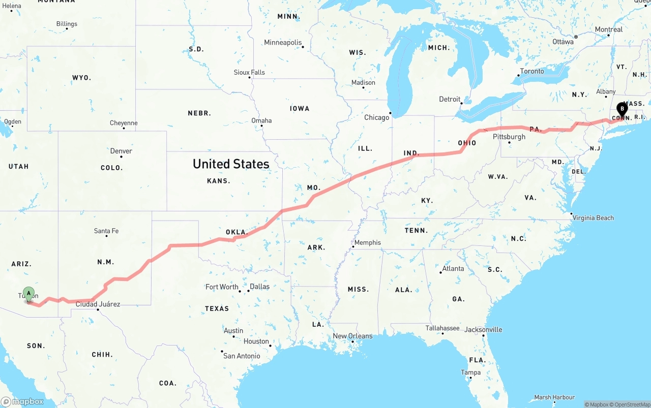 Shipping route from Tucson International Airport to Connecticut