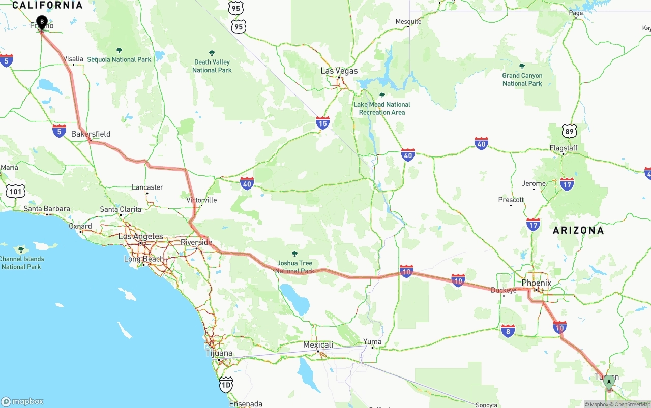 Shipping route from Tucson International Airport to Fresno