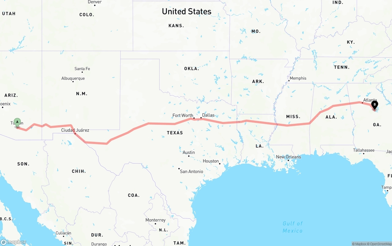 Shipping route from Tucson International Airport to Georgia