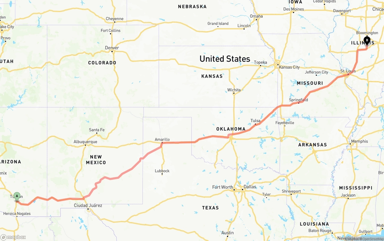Shipping route from Tucson International Airport to Illinois