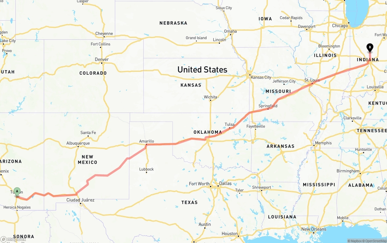 Shipping route from Tucson International Airport to Indiana