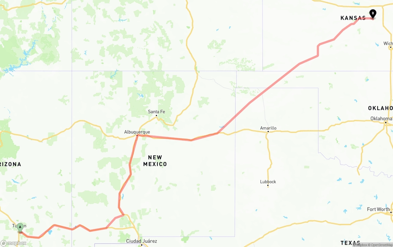 Shipping route from Tucson International Airport to Kansas