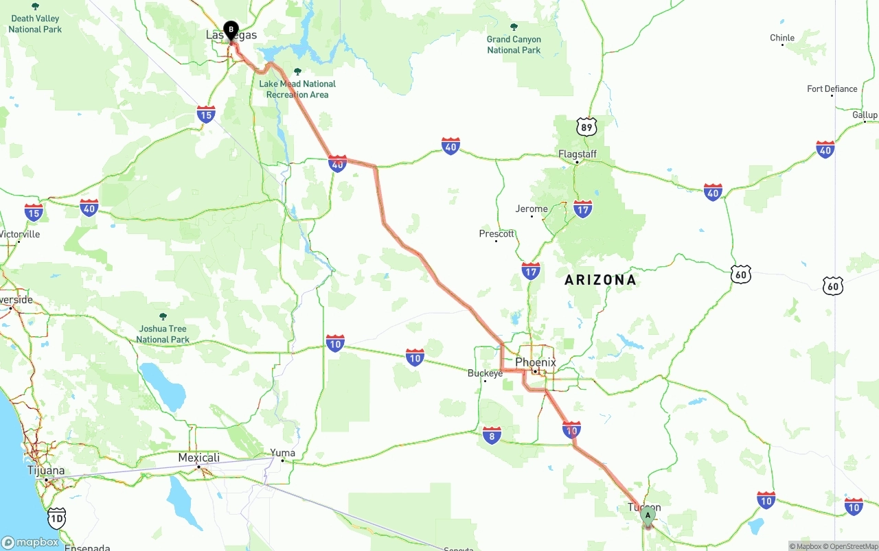 Shipping route from Tucson International Airport to Las Vegas