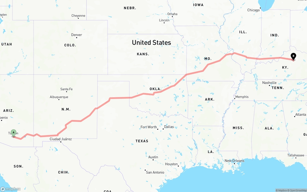 Shipping route from Tucson International Airport to Lexington