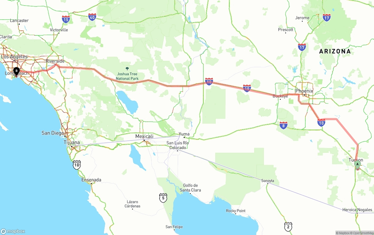 Shipping route from Tucson International Airport to Long Beach