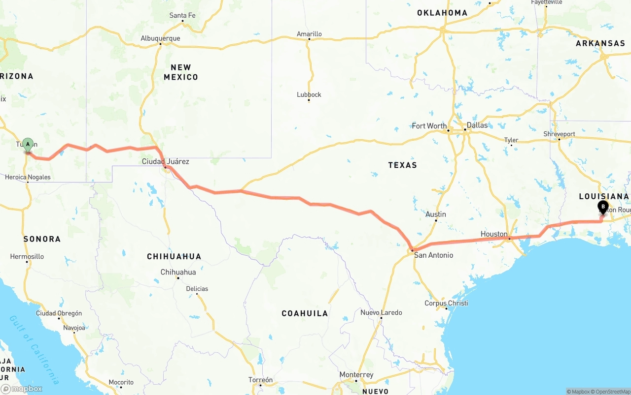 Shipping route from Tucson International Airport to Louisiana