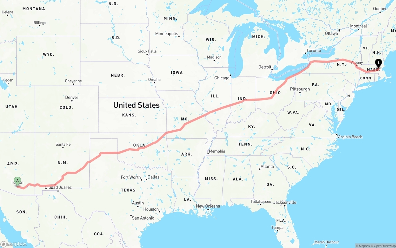 Shipping route from Tucson International Airport to Massachusetts