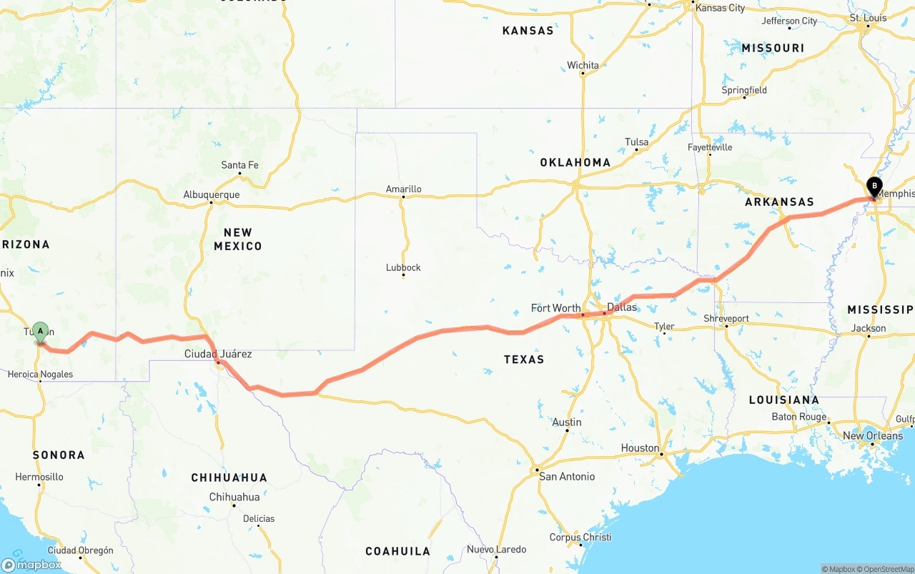 Shipping route from Tucson International Airport to Memphis