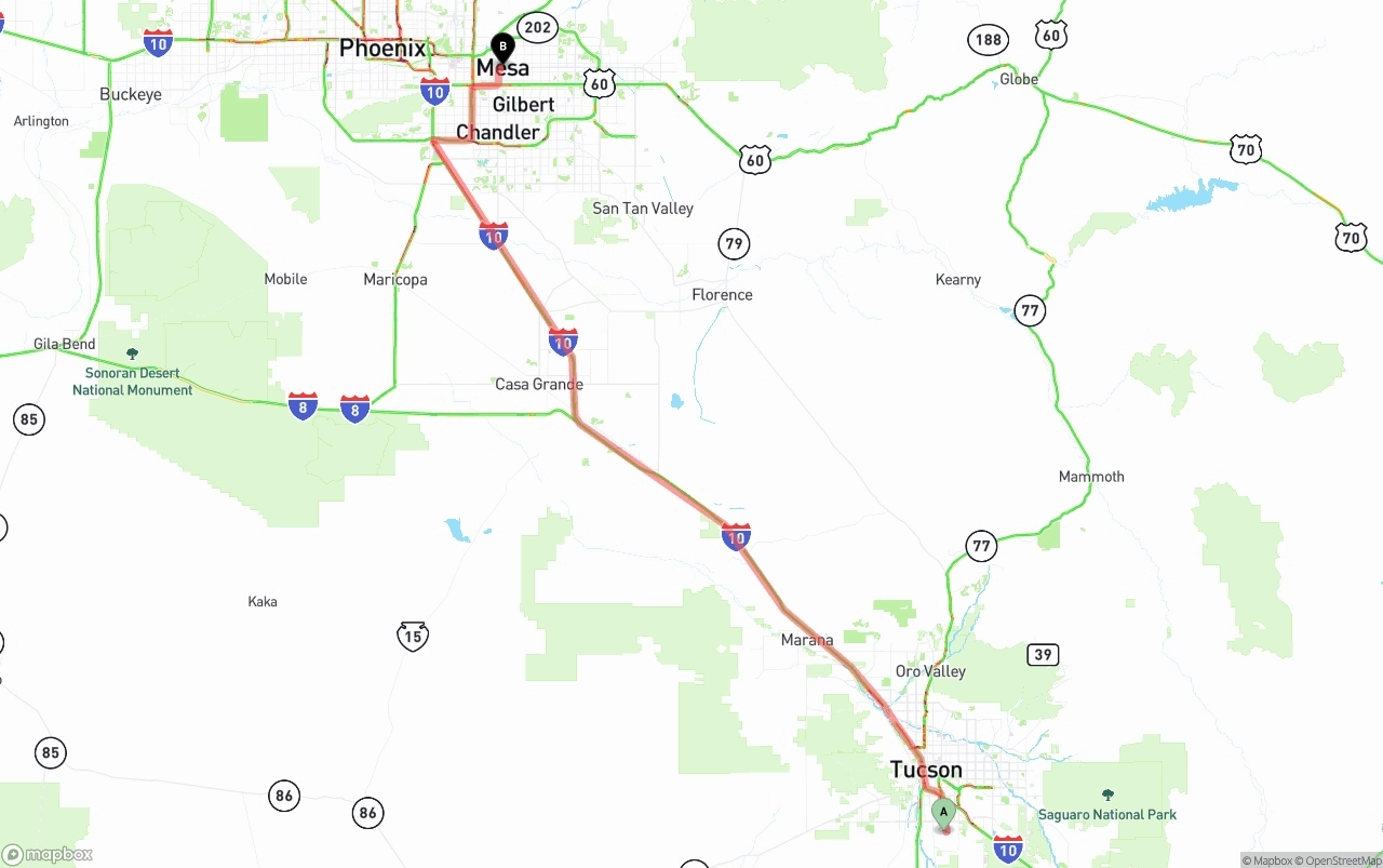 Shipping route from Tucson International Airport to Mesa