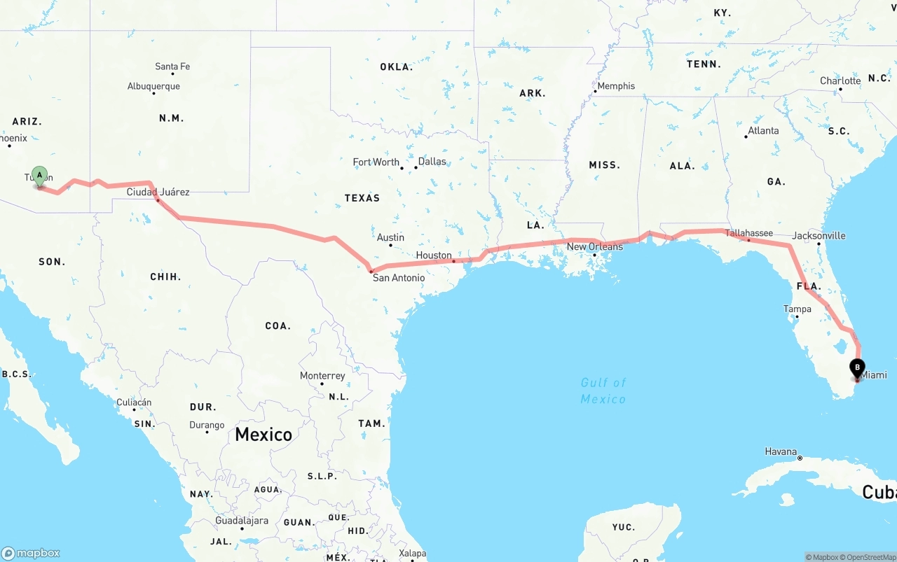 Shipping route from Tucson International Airport to Miami