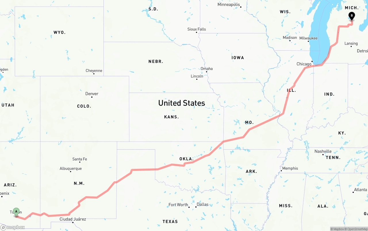 Shipping route from Tucson International Airport to Michigan