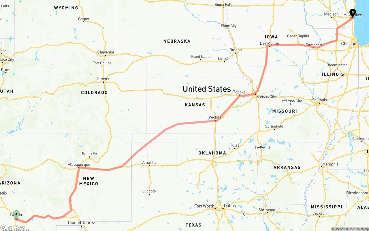 Shipping route from Tucson International Airport to Milwaukee
