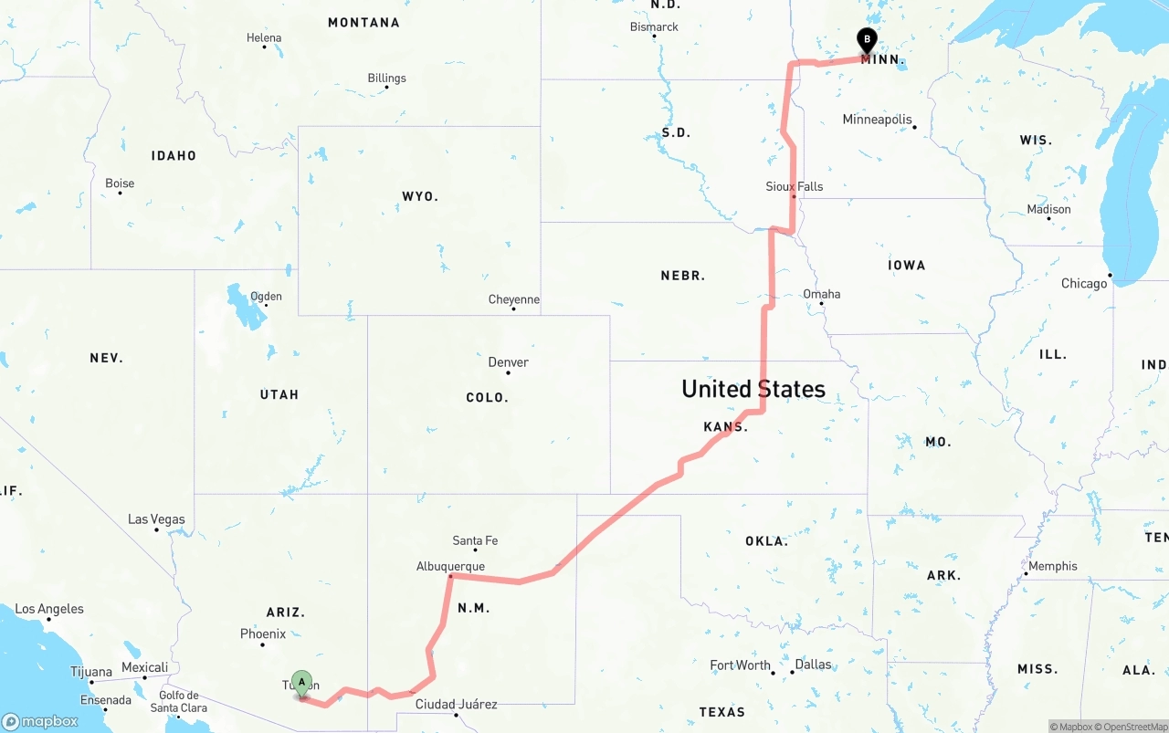 Shipping route from Tucson International Airport to Minnesota