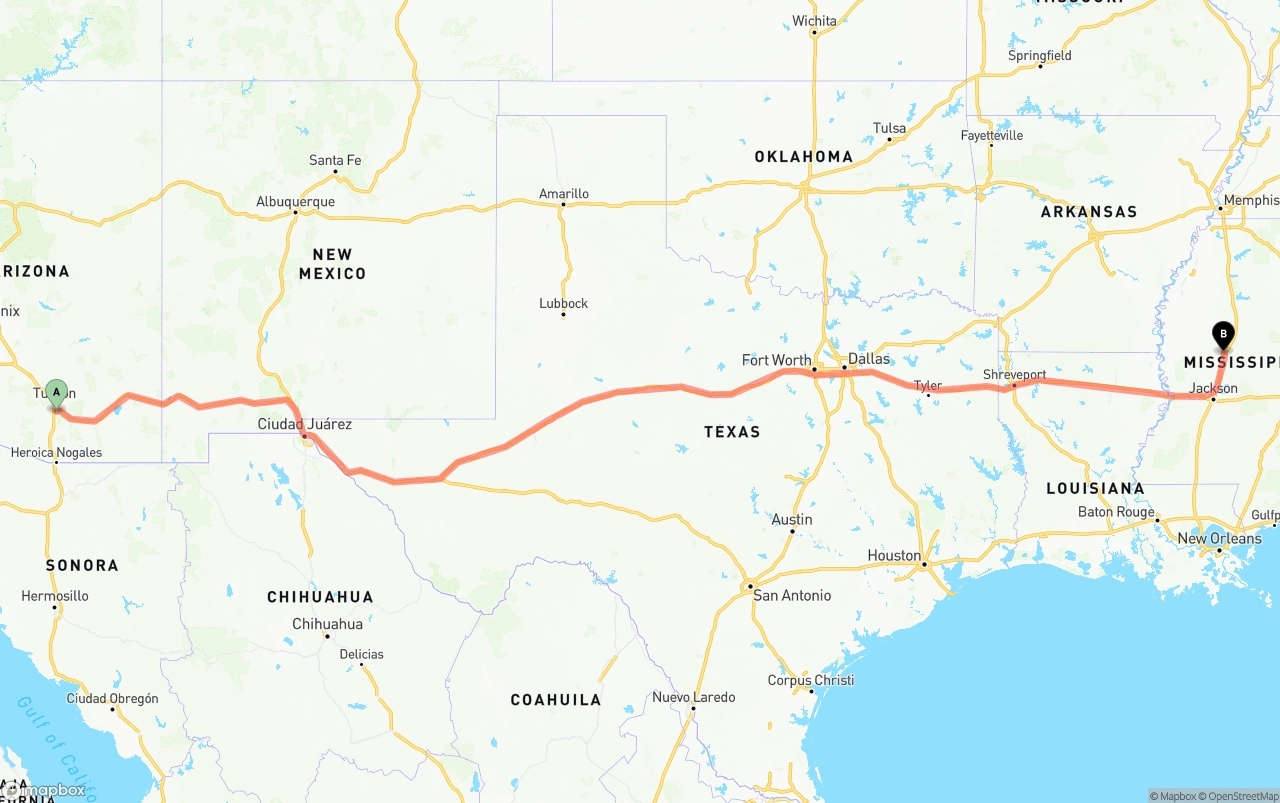 Shipping route from Tucson International Airport to Mississippi
