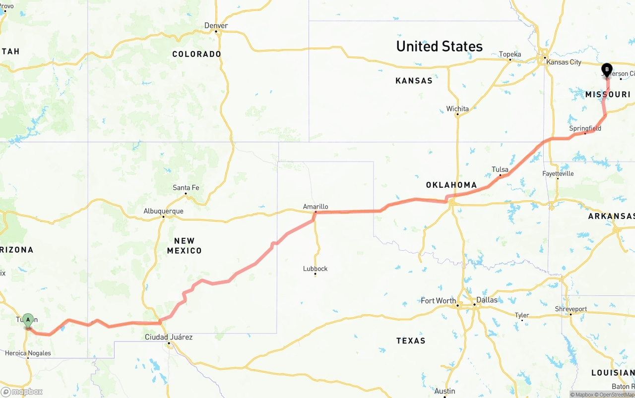 Shipping route from Tucson International Airport to Missouri