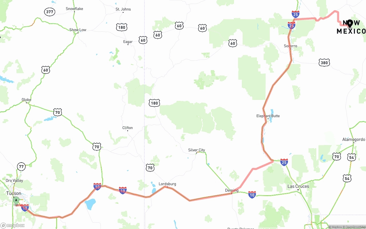 Shipping route from Tucson International Airport to New Mexico