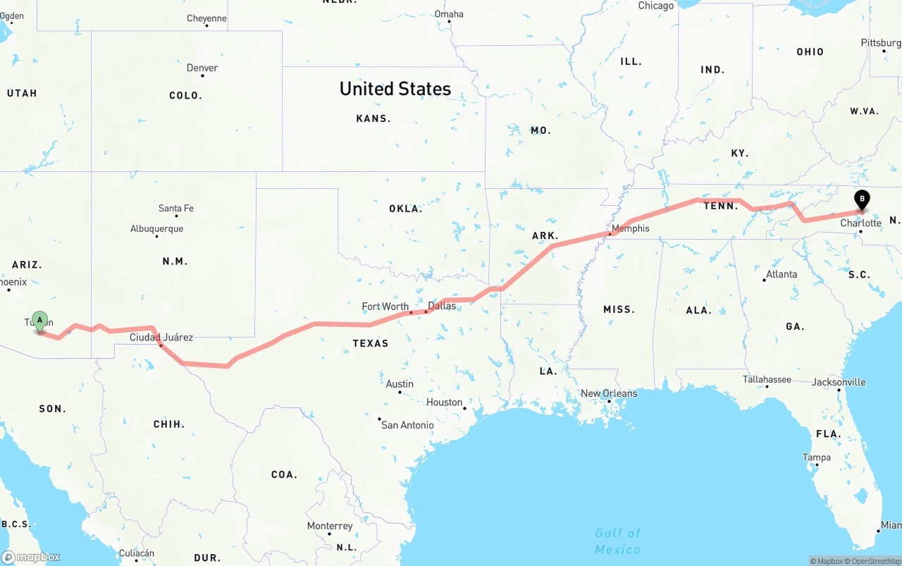 Shipping route from Tucson International Airport to North Carolina