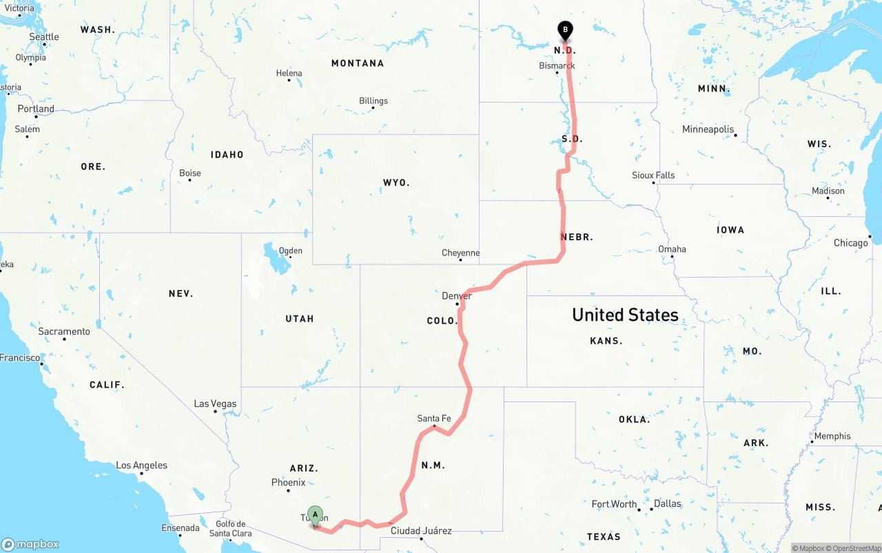 Shipping route from Tucson International Airport to North Dakota