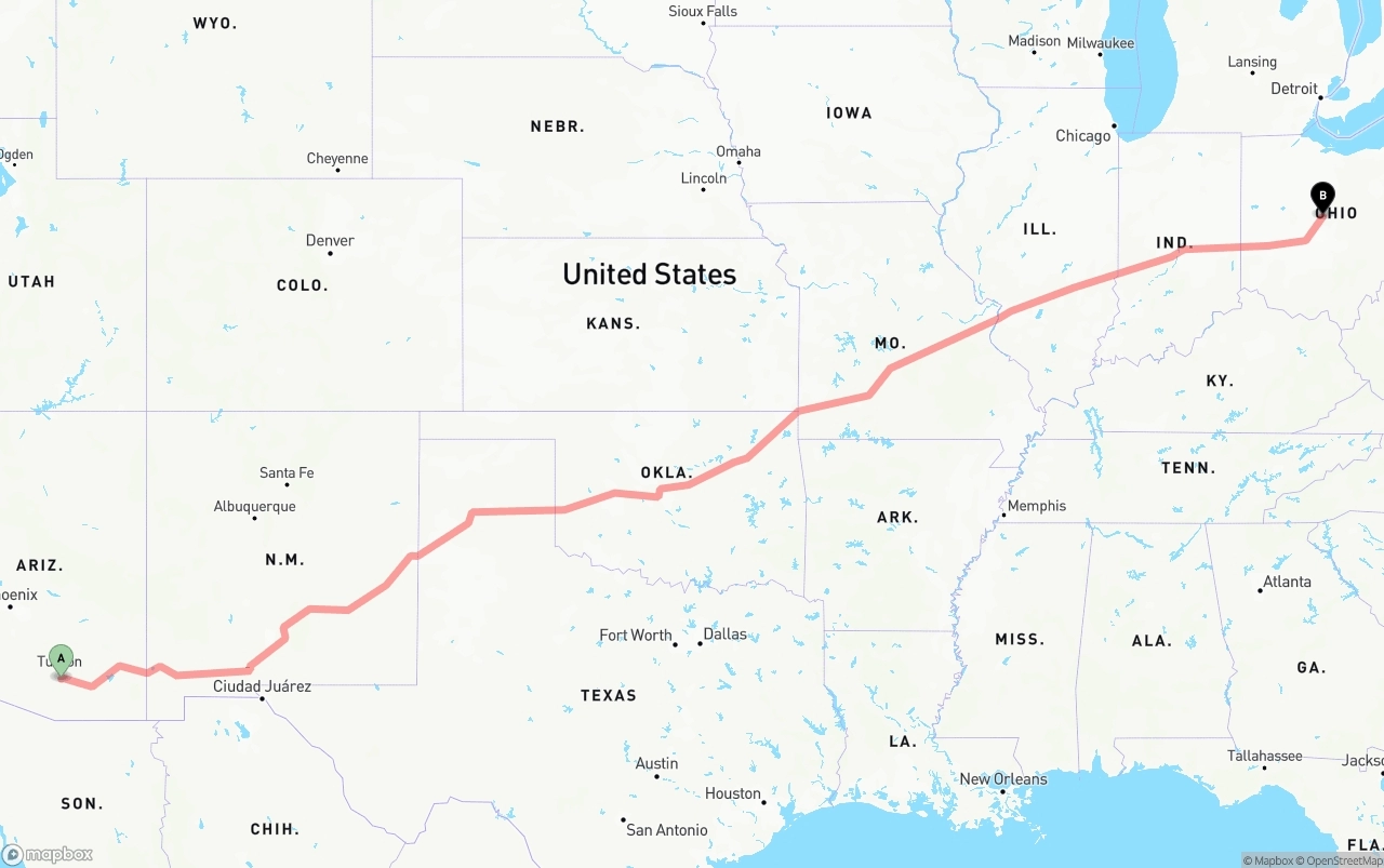 Shipping route from Tucson International Airport to Ohio