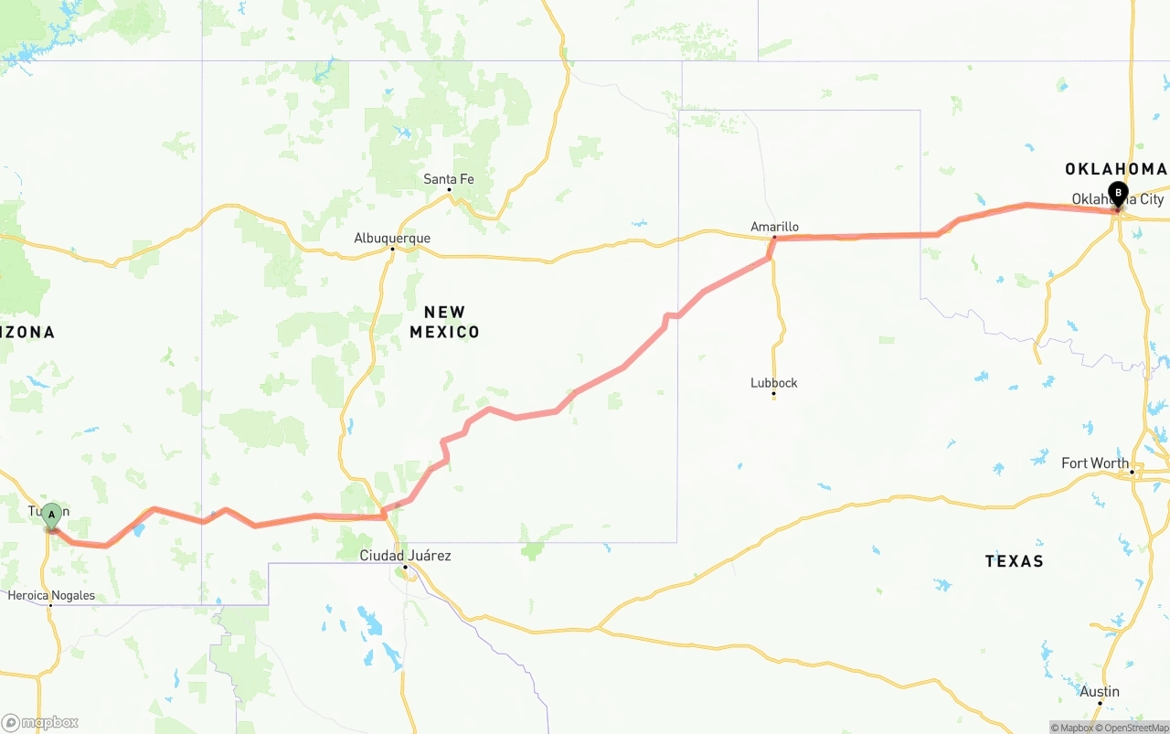 Shipping route from Tucson International Airport to Oklahoma City