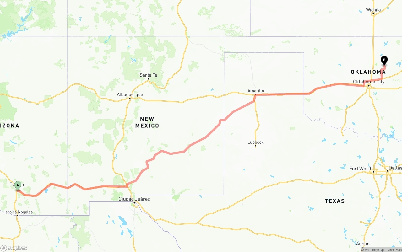 Shipping route from Tucson International Airport to Oklahoma